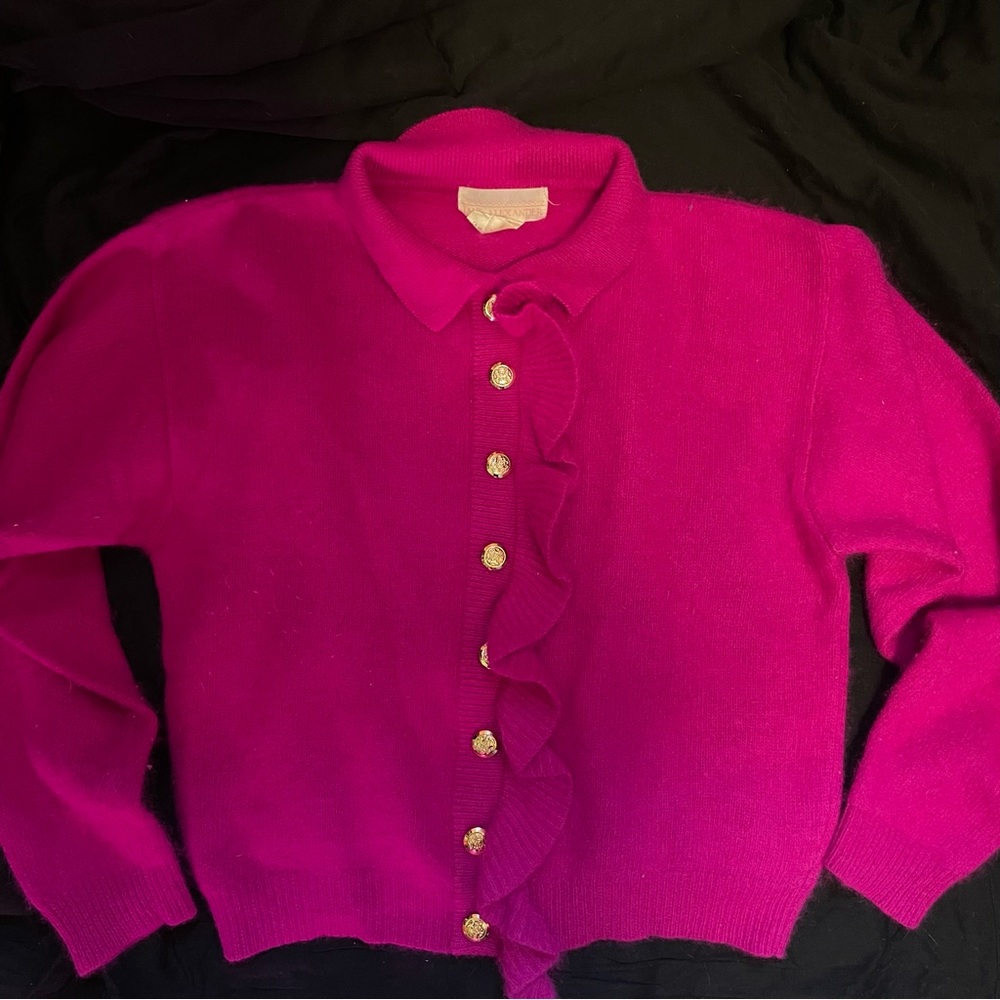 Jane Alexander Angora Lambswool Hot Pink Sweater with Ruffle Detail